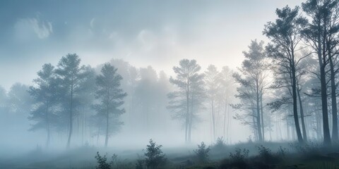 Misty morning landscape with misty fog and trees in the foreground against a soft light blue abstract background,  atmospheric conditions,  serene