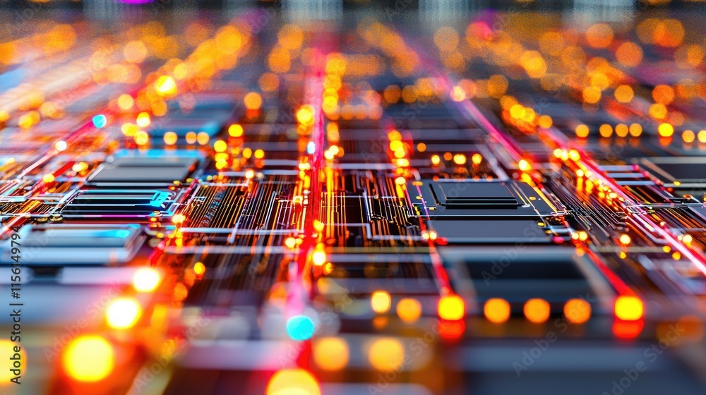 Poster abstract digital circuit board with glowing lines and components.