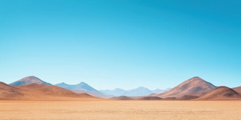 Fototapeta premium A desert landscape with mountains in the background. The sky is clear and blue. The scene is peaceful and serene
