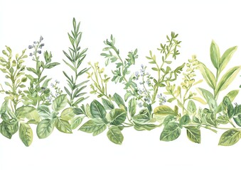 Fototapeta premium Garden herb border, watercolor botanical style, sage and rosemary, delicate florals, fresh green palette