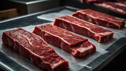 Fototapeta premium Professional Raw Meat Cuts on Stainless Steel Preparation Surface