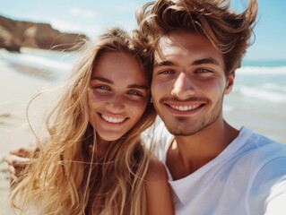 Obraz premium A joyful young couple takes a selfie on a sunny beach, showcasing their smiles and the beautiful ocean backdrop. Their carefree expressions convey happiness and love.