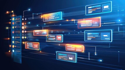Fototapeta premium Abstract digital network interface with glowing data boxes and lines.