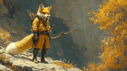 Obraz premium Enigmatic fox character in a forest setting, wearing a rustic yellow coat, armed with a bow, surrounded by vibrant autumn foliage and rocky terrain in a whimsical fantasy style