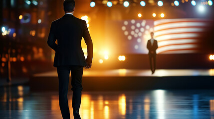 Man in formal suit walks towards stage with bright lights and American flag backdrop during a nationwide event