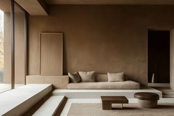 Fototapeta premium Minimalist living room with beige sofa, large window, and earthy tones.