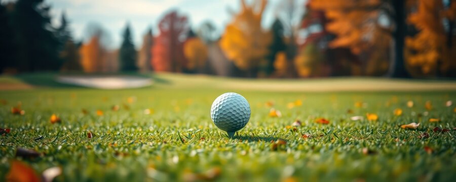 Golf ball sits on tee in autumn golf course. Scenic fall foliage surrounds green. Tranquil, peaceful atmosphere. Ideal for golf hobbyists sport lovers. Beautiful fall day. Outdoor recreation.