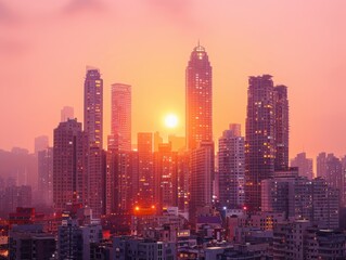 Obraz premium A stunning view of Guangzhou's skyline at sunset, silhouetted against a vibrant sky. The sun casts a warm glow over the modern high-rise buildings.