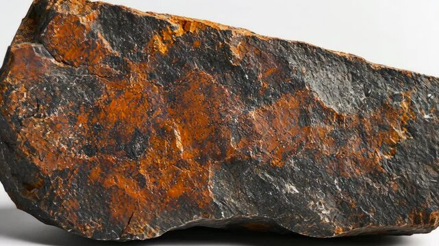 Unique specimen of iron-rich rock with orange oxidation patterns displayed on a neutral backdrop