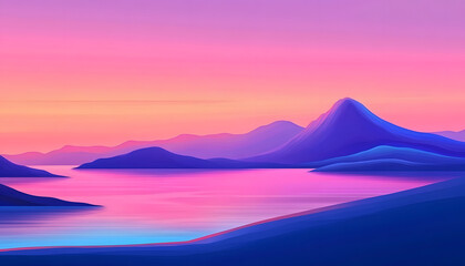 Pink and Purple Sunset Over Mountain Lake Landscape