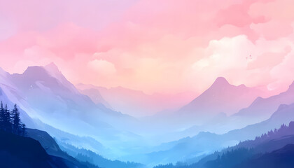 Obraz premium Serene Pastel Mountainscape Under a Soft Pink Sky