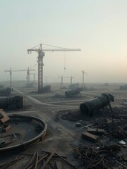 Abandoned construction site with wrecked machinery and debris, urban landscape, demolished structure, industrial decay.