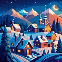 Naklejka premium Vibrant winter village at night, snow-covered festive Christmas scene.