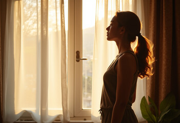 Fototapeta premium Woman standing by a window at sunrise with soft light.