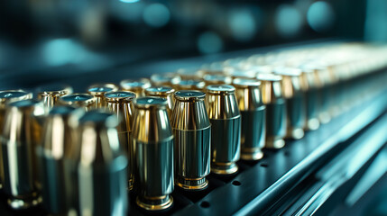 Rows of shiny bullet casings in a factory setting during production
