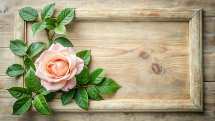 A delicate rose flower with lush green leaves framed in a ornate wooden border, set against a soft muted background