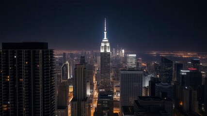 A modern, luxury apartment in a high-rise condo building with a prominent spotlight shining on it at night, urban, condo