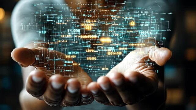 Digital data visualization in hands showcasing technology and innovation at a modern tech conference