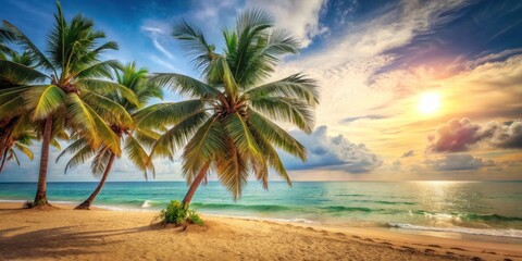 Fototapeta premium Beach scene with palm trees against a tropical ocean backdrop, with warm sandy shore and film-distressed image, conveying an exotic vacation atmosphere, ocean wave, film distressed