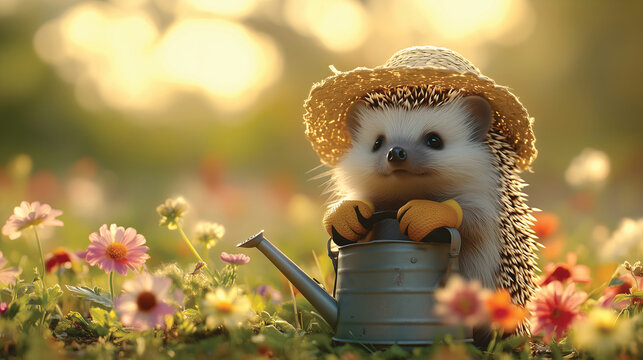 Adorable hedgehog dressed as a gardener with a watering can