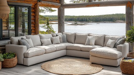 Serene Scandinavian Minimalist Living Room with Modern Beige Sofa and Scenic Views