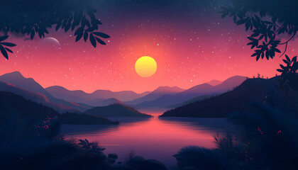 Fototapeta premium Serene Sunset Landscape Over Calm Lake Mountains And Stars