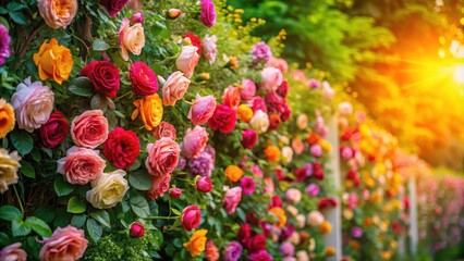 Vibrant roses create a stunning floral wall in a lush garden setting with greenery and soft sunlight filtering through , colorful blooms, roses