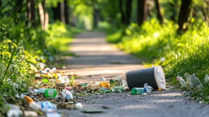 Fototapeta premium Litter along a suburban park path in natural light