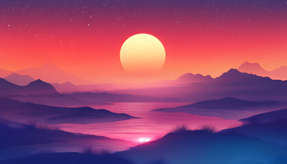 Fototapeta premium Serene Sunset Over Purple Mountains and Still Lake