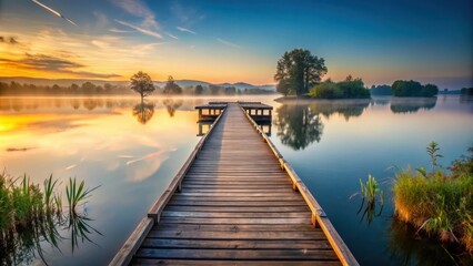 Fototapeta premium A solitary wooden bridge spanning a serene lake at dawn , peaceful lake, nature