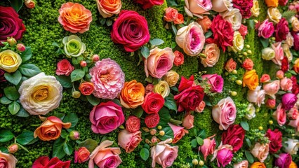 Vibrant roses and greenery create a lush wall background with intricate details and soft lighting effects, garden decor , colorful blooms