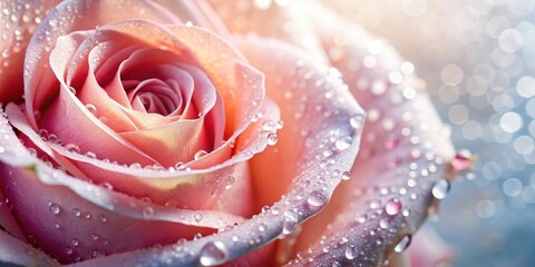 A delicate rose petal glistening with tiny droplets of dew, dewy, rose petals,  dewy
