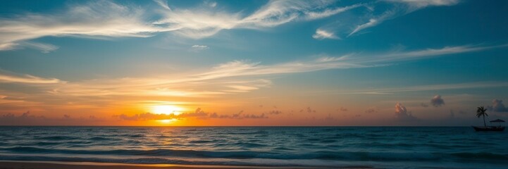 Fototapeta premium Beautiful, serene beach landscape with crystal clear turquoise water, golden sandy shores, lush green palm trees, and a colorful sunset sky, sky, escape