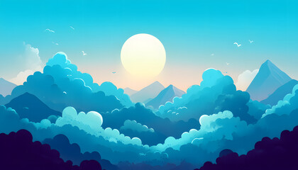 Fototapeta premium Serene Blue Mountainscape With Sun And Clouds
