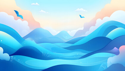 Serene Blue Landscape With Birds Flying High Above