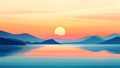 Serene Sunset Over Calm Mountain Lake Landscape