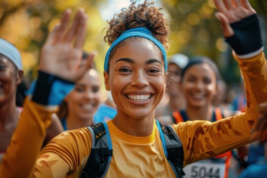 A diverse group of joyful runners exchange high fives during a marathon, showcasing teamwork and camaraderie. Bright colors enhance the lively atmosphere.