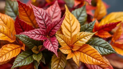 Naklejka premium Dry orange metallic leaves arranged in a pattern on a vibrant violet background, fall, plant, design