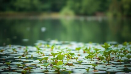 Blurred image of serene natural background featuring water and lush plants, still water, tranquil