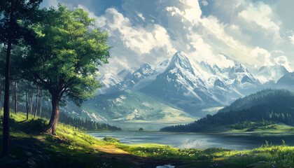 Fototapeta premium Serene Lakeside Vista With Majestic Snowcapped Mountains