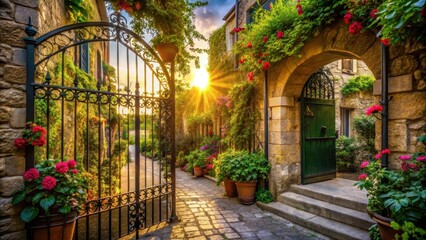 Fototapeta premium Early morning sun peeks through ornate iron gates in a beautiful alleyway surrounded by ancient stone buildings with lush greenery and vibrant flowers , beauty, architecture