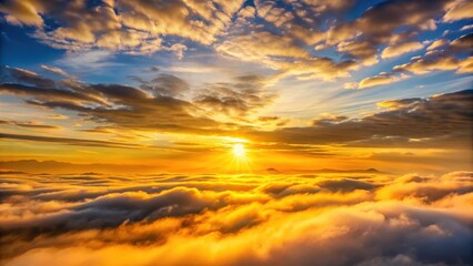 Obraz premium Golden hues of sunrise peeking through wispy clouds, casting a warm glow on the landscape