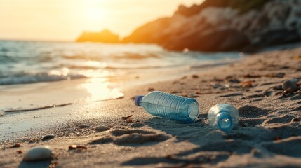 Plastics Scattered on Rural Beach at Midday Light