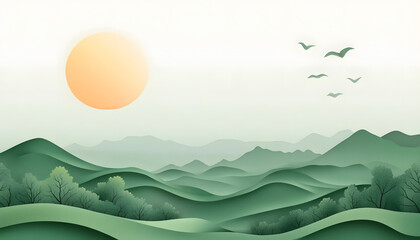 Obraz premium Serene Green Hillscape With Sun And Birds