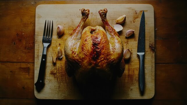 A whole roasted chicken served on a cutting board, with a chef’s knife and carving fork beside it, ready to serve 