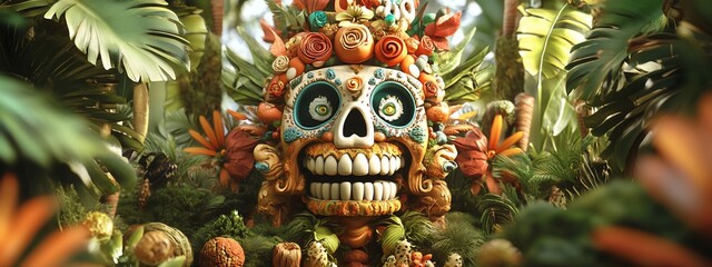 Fototapeta premium Sugar skull adorned with tropical flowers and plants, surrounded by lush jungle foliage.