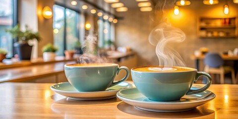 Fototapeta premium A delicate ceramic bowl filled with two cups of steaming hot coffee on a minimalist coffee shop counter, surrounded by modern design elements and pastel colors , modern, minimalist