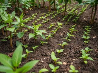 Obraz premium Coffee bean seedlings growing in a beautiful green natural background, representing the concept of growth and sustainability, growth, plantation, sustainable