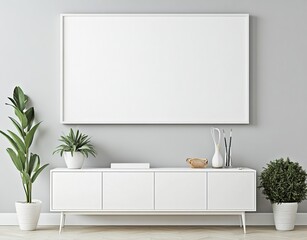 White media console with blank frame mockup in minimalist room.