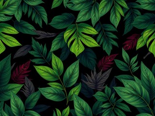 Fototapeta premium Dark and mysterious pattern featuring exotic leaves in shades of green and black, creating a lush and bold design, pattern, leaves, design
